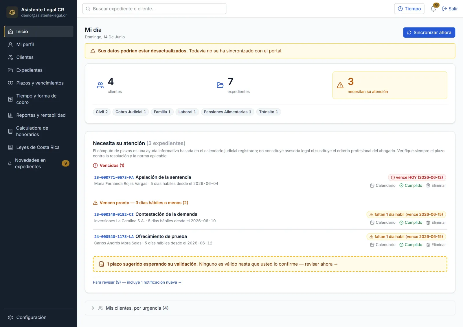 Panel de inicio con KPIs y expedientes que necesitan atención