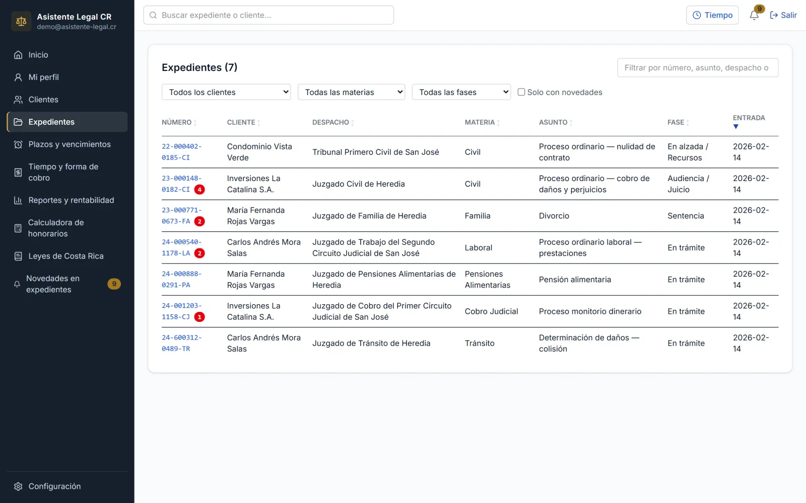 Lista de expedientes con filtros por materia, cliente y estado