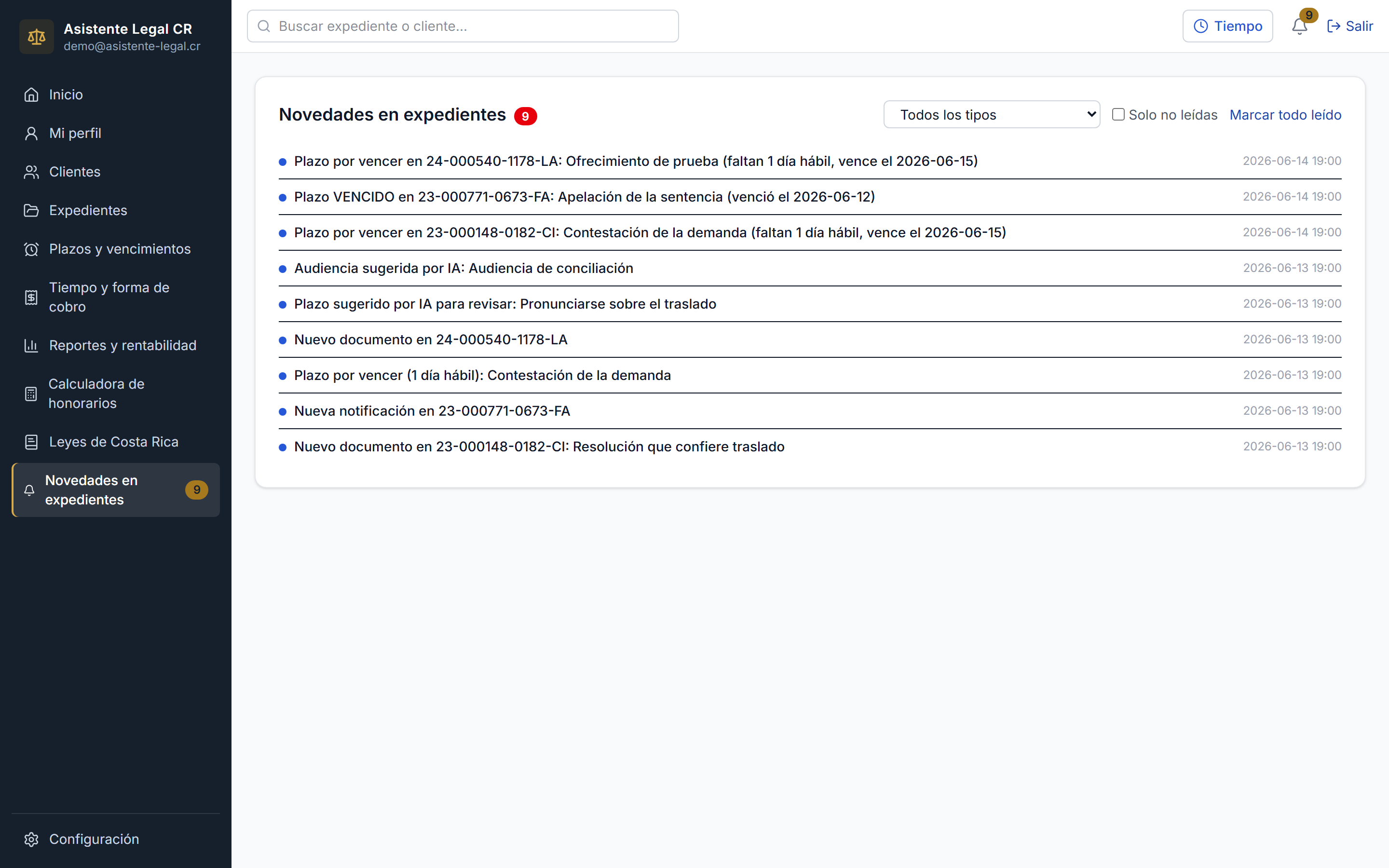 Bandeja de novedades: documentos, notificaciones y alertas