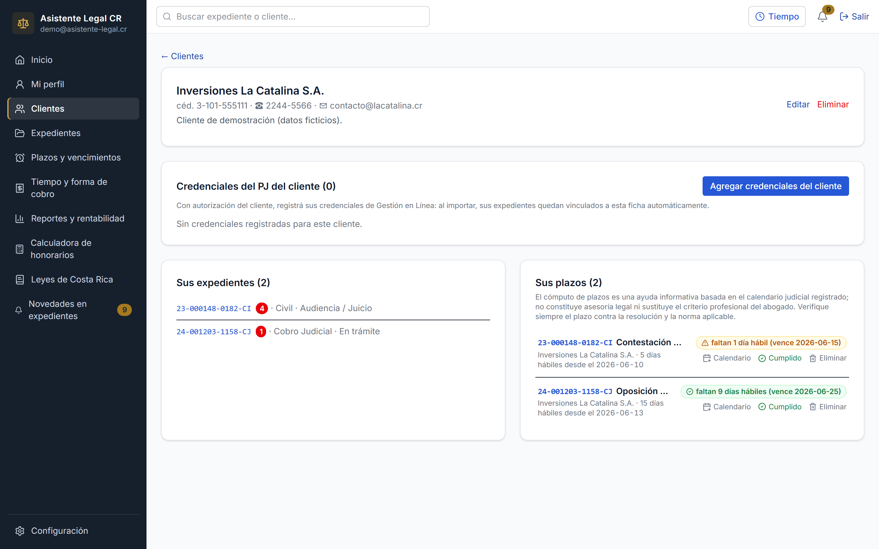 Ficha de un cliente con sus expedientes y datos