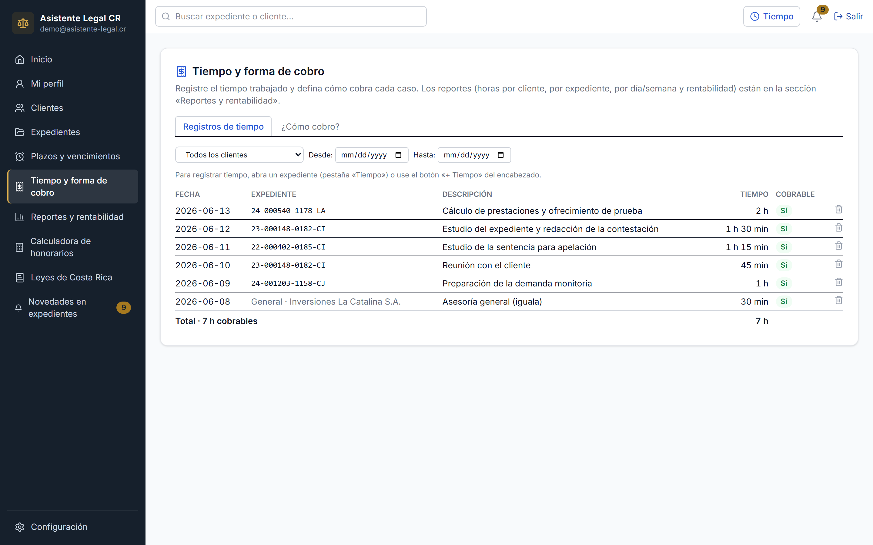 Captura de tiempo y configuración de cómo se cobra